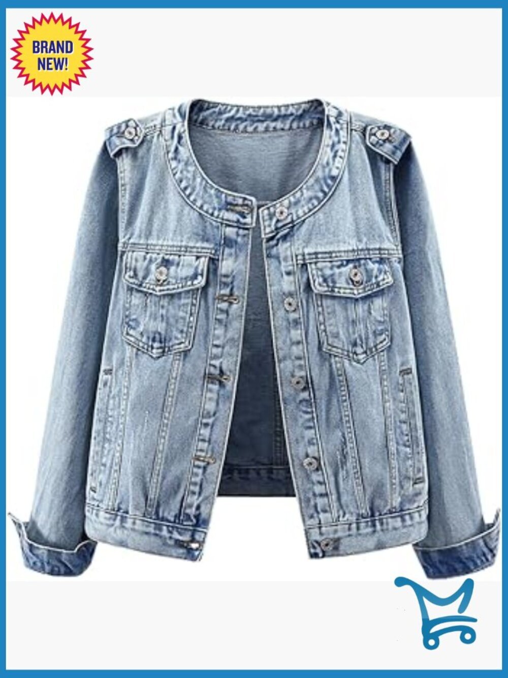 Collarless Button Down Denim Jacket Long Sleeve Casual Western